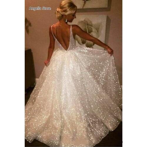 Sparkly White Sequined A-Line Wedding Dresses 2021 Sexy Backless V-Neck Straps Boho Beach Bridal Gowns Floor Length Plus Size