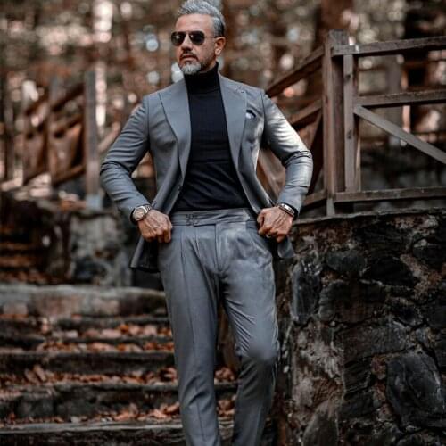 Classic Smoky Gray Mens Suits 2 Pieces Groom Best Man Pants Suit Business Wedding Tailored Blazer Jacket (Jacket+Pants)