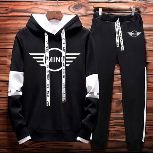 Spring Autumn Colorblock Mens Sweatshirt Suit Mini Car Logo Printing Pullover High Quality Cotton Men Hooded+pants 2 Piece Set