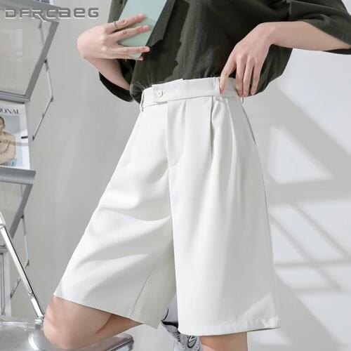 Black White Womens Suit Wide Leg Shorts Summer 2021 Elastic Waist Casual Bermuda Loose Knee Length Short Pants Half Female