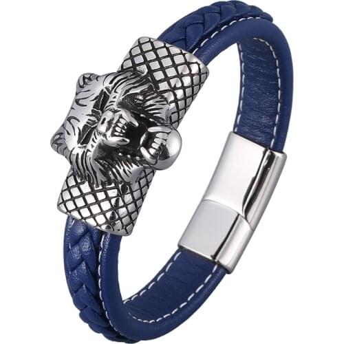 Stainless Steel Wolf Head Leather Braided Wrist Bracelets Men Jewelry Blue Rope Hand Chain Punk Rock Bangles Male Gifts PD0881