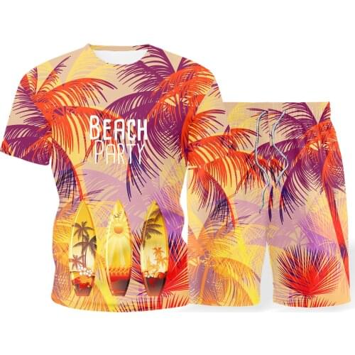 Summer hot sale mens suit beach short-sleeved T-shirt Hawaiian style new 3D coconut two-piece short-sleeved + shorts S-5XL