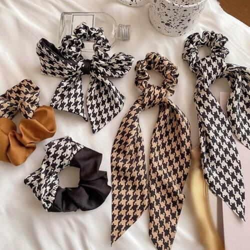 Fashion Retro Letters Hair Streamer Houndstooth French Ponytail Holder Multi-use Tassel Hair Bows Hair Bands Women Accessories