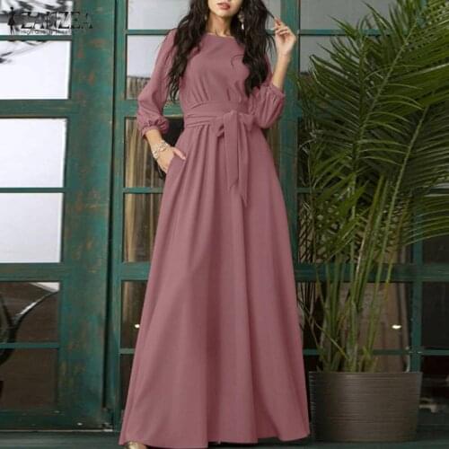 ZANZEA Fashion Kaftan Oversized Women Vintage O Neck Dress 3/4 Puff Sleeve Solid Sundress Elegant Party Long Vestidos Belt 2021