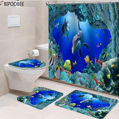Sea Dolphin Ocean Scenery Toilet Lid Cover Bath Mat 3D Shower Curtains Bathroom Curtains Pedestal Rug Carpet Washroom Decor