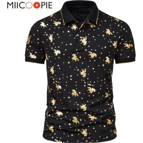Golden Bronzing Horse Printed Polo Shirts For Men 2021 Summer Luxury Business Social Short Sleeve Polo Homme Mens Brand Top Tee