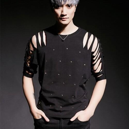 Men nightclub singer punk hiphop t shirt tops ripped hole rivet stage costume mens hip hop hollow out sexy tee shirts streetwear