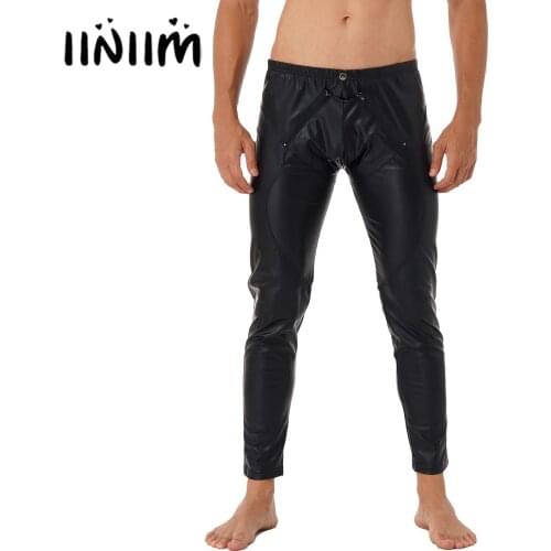 Mens Faux Leather Leggings Elastic Waistband Skinny Pants Zipper Front Trousers Stage Performance Pole Dance Rave Bar Clubwear