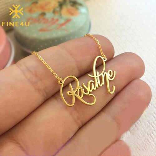 FINE4U N574 Stainless Steel Custom Name Necklace 18K Gold Plated Nameplate Personalized Jewelry Gift for Women
