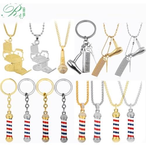 RJ Hot 14 Style Hip Hop Barber Shop Tools Necklaces 3D Barber Pole Razor Dryer Scissors Comb Hairdresser Pendant Collier Jewelry