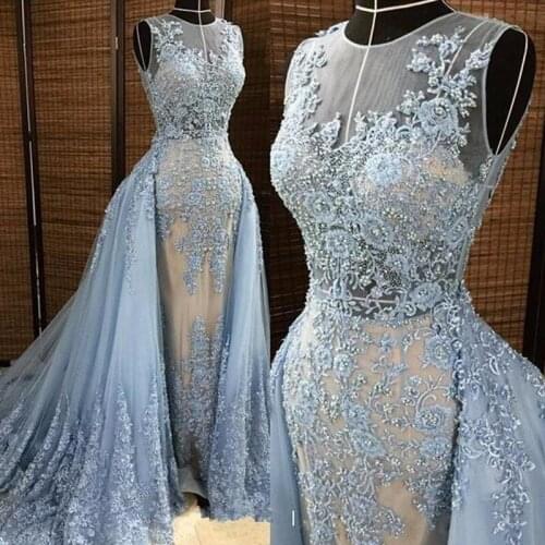 Blue Evening dresses 2021 Detachable Train Champagnes Prom Party Gowns Custom Made Plus Size Mermaid Dress Abiti Da Cerimonia