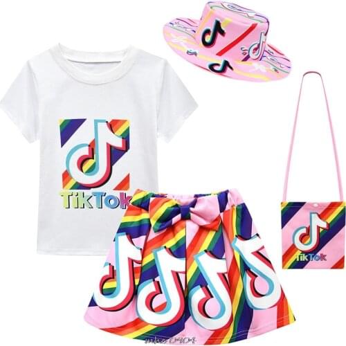 Tik Tok Kids Clothes Set Toddler Girls Dress Outfits Cartoon Short Sleeve Tops+skirt+bag+hat 4Pcs 3-10T Summer Clothing for Girl