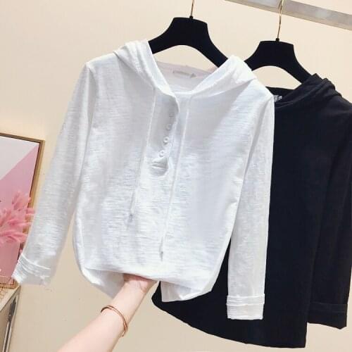 Spring Clothes Sweatshirt Women Bamboo Cotton Shirts Ladies Simple White Long-sleeved T-shirt Loose Hooded Shirts Pullovers