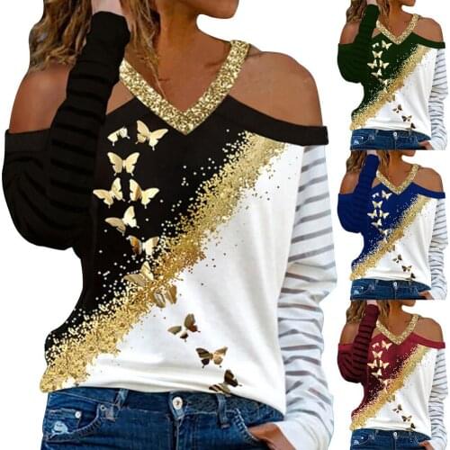 Women Fashion Hollow-Out Top Printed Off-shoulder V-neck Casual Blouse Loose Long Sleeve Off Shoulder Casual Plus Size Shirts