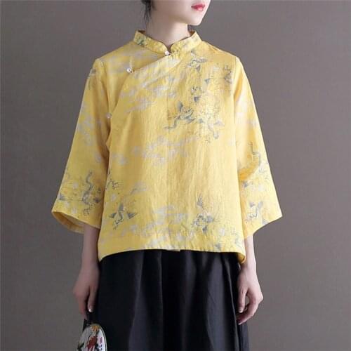 Johnature Women Yellow Shirts Ramie Print Floral Ramie Blouses Stand Seven Sleeve Button Vintage 2021 Summer New Shirts And Tops