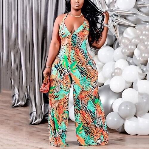 4XL 5XL Plus Size Jumpsuits and Rompers for Women Printed Spaghetti Strap High Wasited Vocation Causal Wear Jupsuits Clothes New