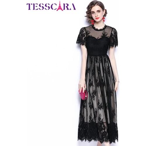 TESSCARA Women Summer Elegant Lace Dress Festa High Quality Long Black Party Robe Femme Runway Vintage Designer A-Line Vestidos