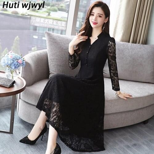 4XL Plus Size Vintage Lace Midi Dress 2021 Autumn Winter Women Bodycon Casual Black Sexy Dress Long Sleeve Bodvcon Party Vestido
