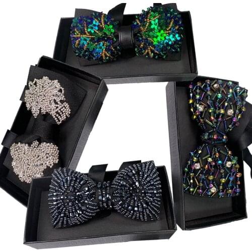 2020 Fashion New Mens Bow Tie Crystal Embroidered Beads Bowtie Trendy Wedding Banquet Bowties with Gift Box Multicolor
