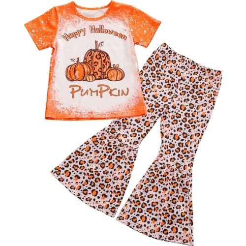 2021 0-5Y Halloween Casual Baby Girl Clothing Pumpkin Print Short Sleeve Tops+Leopard Trumpet Long Pants Summer Outfits 2pcs