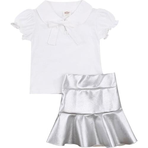 2021 0-5Y Fashion Kids Baby Girl Clothing Lapel Bowknot Puff Short Sleeve Tops Blouse White Top+Silver PU Leather Skirt 2pcs Set