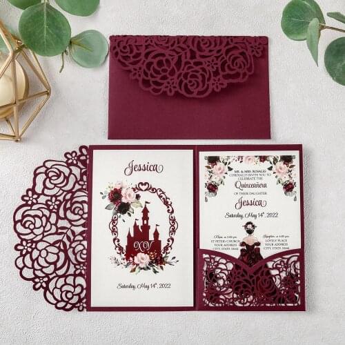 50pcs Burgundy New Rose Wedding invitation Laser Cut Hollow with Flower Pockets and Envelopes for Wedding/Quinceanera/Birthday