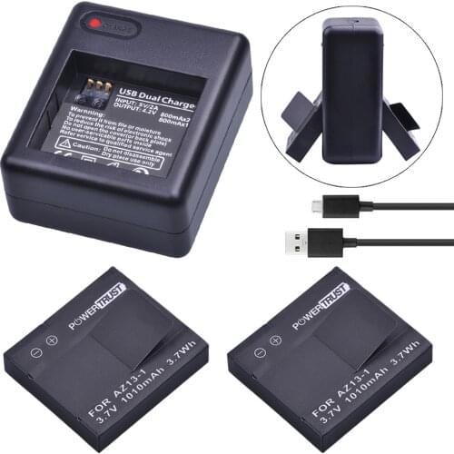 2Pcs 1010mAh AZ13-1 AZ13 Rechargeable Battery + Dual USB Charger For xiaomi yi 1 Action Camera Xiaomi YI AZ13 1 batteries