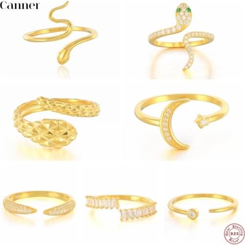 Canner 100% 925 Sterling Silver Gold Snake Resizable Ring Adjustable Animal Women Charm Rings Rock Punk Jewelry Bague anillo W5