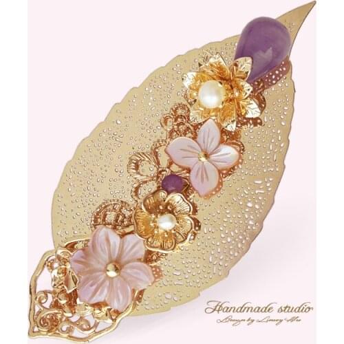 CCijiNG Natural Pearl Hairpins Jewelry For Women Big Size Light Purple Crystal Hairwear Handmade Flower Leaf Brooch FS1001