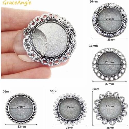 GraceAngie 4sets/lot Antiqued Silver Brooch Bezel Set With Glass Round Flower Cabochon Brooch Pin Women DIY Accessory