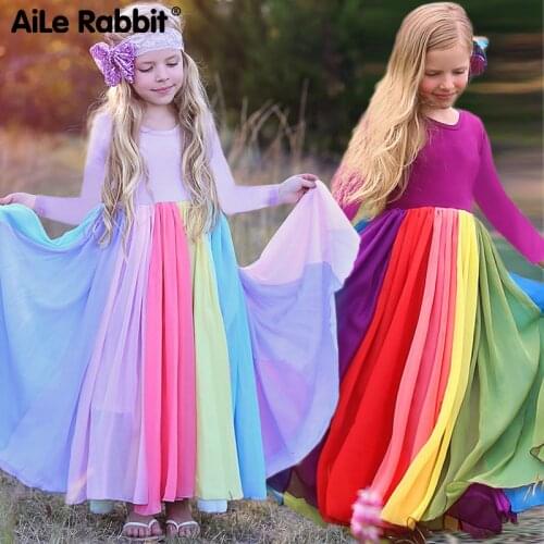 2020 Ins Autumn Long-sleeved Girls Chiffon Dress New Rainbow Dress Colorful Color Dresses Childrens Princess Party Dress