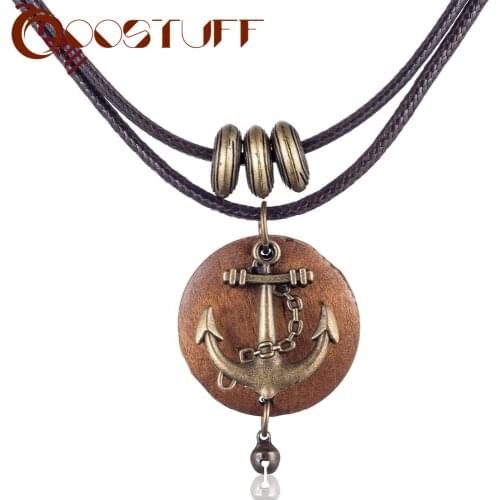 2021 Wholesale chokers Woman Necklaces Vintage Jewelry Anchor Design Wooden Pendant Long Necklace for Women collares mujer kolye
