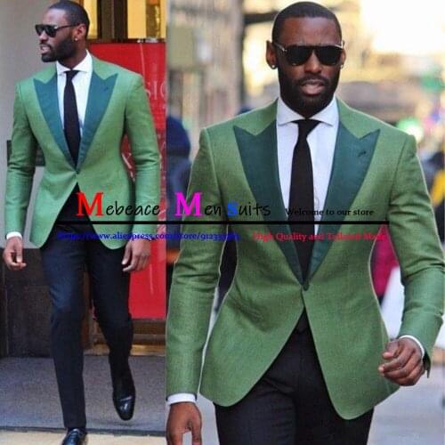 Olive Green Men Suit Slim Fit 2 Pieces Jacket Pants sets Handsome Peaked Lapel Tailored Suits Groomsmen Blazers Costume Homme