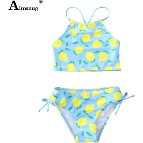 Baby Girls Sweet Cute Thong Swimsuit Children Fashion Lace-up Two Pieces Swimwear Lemon Print Bathing Suits Kids Clothing 2021