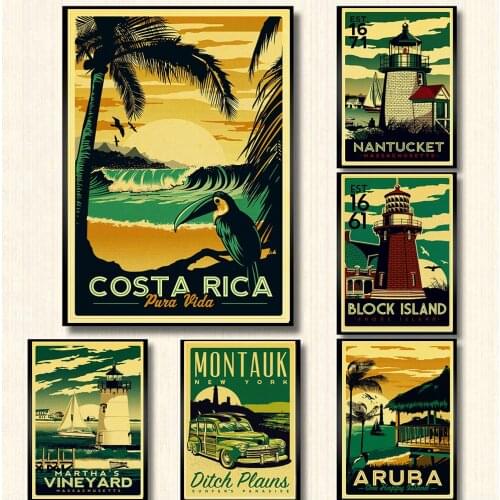 HAWAII/ ARUBA/ BROOKLYN/SAN FRANCISCO Travel Poster Retro Painting Wall Vintage Paper Posters Home/Bar Decoration