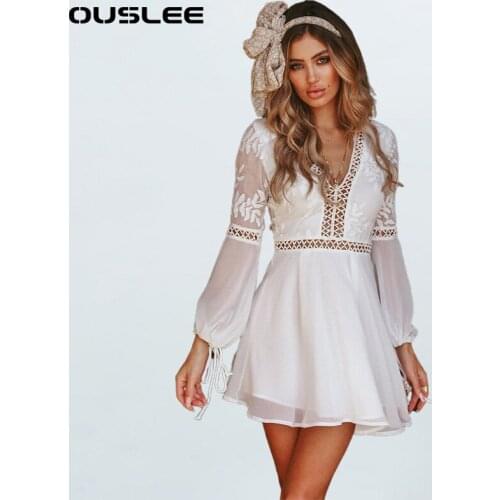OUSLEE Summer Cotton White Dresses Women Sexy V-neck Hollow Outs Mini Dress Female Long Sleeves Casual Boho Style Beach Sundress