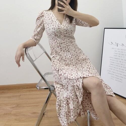 2021 New Women Floral Print Midi Dress V-Neck Half Sleeve Ladies Irregular Ruffles Trim Slim Long Dresses