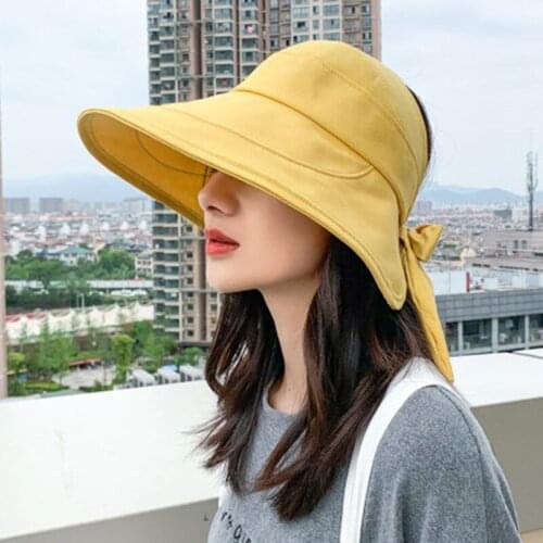 Simple Foldable Wide Brim Floppy Ponytail Ladies Hat Sun Hat Beach Women Summer Hat UV Protect Travel Bow Hat Cap Ladies Cap