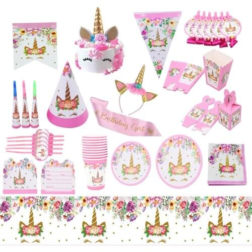 Unicorn theme party girl unicorn cup napkin tablecloth suitable for girls birthday decoration cake flag pink baby welcome party
