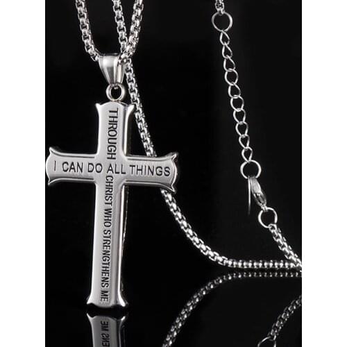 Trendy Stainless Steel Necklace Cross Pendant 2 Colors Necklace for Men Jesus Christ Letter 60cm Long Chain Necklace Pendant