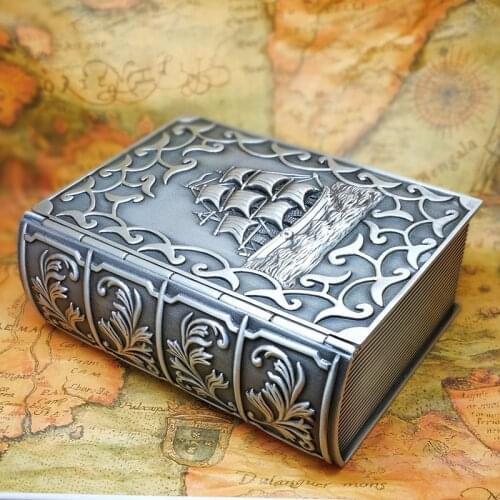 Big Size Vinatge Jewelry Box Book Design with Flower / Caribbean Boat Carved Metal Trinket Alloy Case Carrying Box