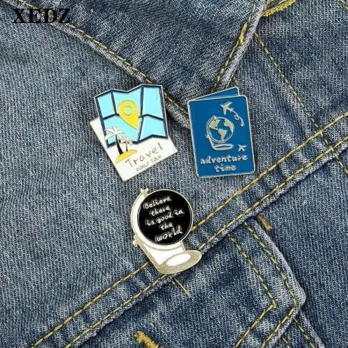 XEDZ new travel enamel pin map logo travel book classic globe custom badge travel bag punk adventure pin jewelry gift for friend