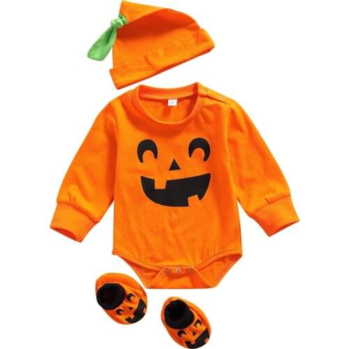 Newborn Baby Girls Boys Halloween Romper + Hat + Sleeves, Pumpkin Print Long Sleeve Bright Colors Clothing Spring Autumn