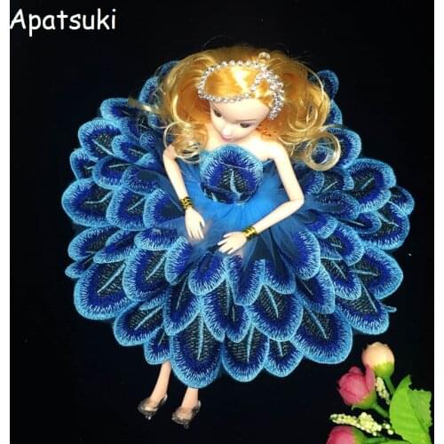 Blue Peacock Feather Elegant Doll Clothes For Barbie Dollhouse Party Dress Princess Gown Dress For Barbie Dolls Vestidos Dresses