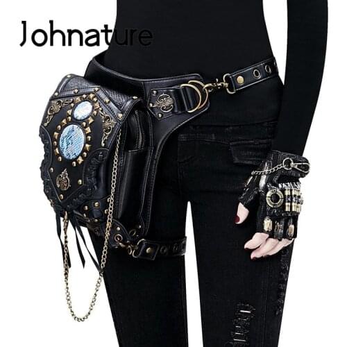 Johnature Steampunk Chain Rivet Waist Pack Unisex 2020 New Moto & Biker Belt Bag Multifunctional Pu Leather Shoulder Bags