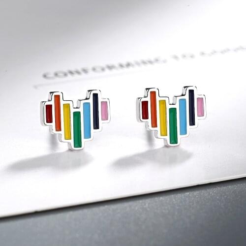 925 Sterling Silver Jewelry Rainbow Heart Shape Stud Earrings For Women Grils Female Pendientes eh1359