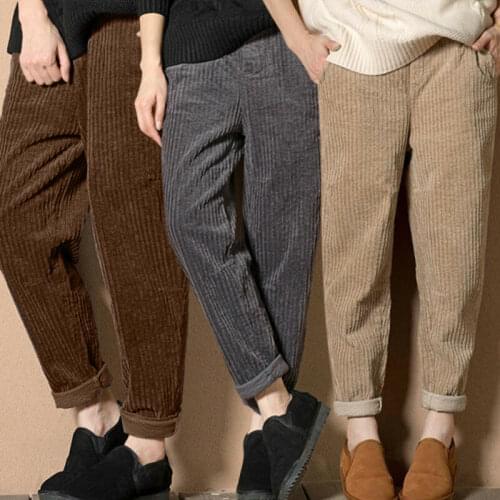 Women Harem Corduroy Pants Casual Winter High Waist Straight Trousers Pocket