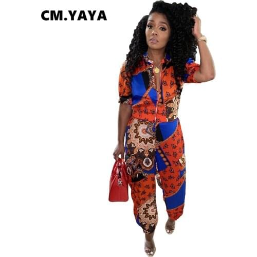 CM.YAYA Women Set Print Short Sleeve Zipper O-neck Crop Tops Long Pants Two 2 Piece Sets Fashion Outfit Summer Tracksuits 2021