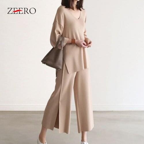 Autumn Winter Solid Color Casual 2 Piece Set Women Knit V-Neck Loose Half Sleeve Pullover Top + Bifurcation Wide Leg Pants Suit