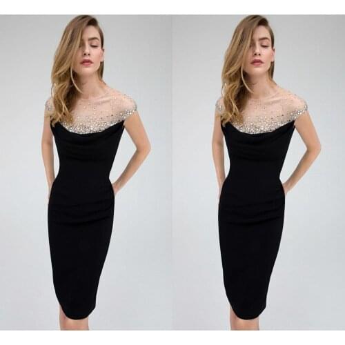 Elegant Short Black Prom Dress 2020 Sheath Full Beaded Crystal Women Formal Party Evening Dress Prom Gown Robe De Soiree